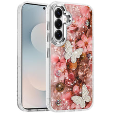 For Samsung S26 6.3" Case Epoxy Glitter 3D Beaded Butterflies + Tempered Glass