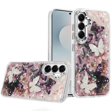 For Samsung S26 6.3" Case Epoxy Glitter 3D Beaded Butterflies + Tempered Glass