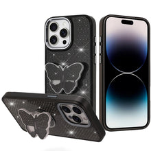 For iPhone 14 PRO MAX 6.7 in. Case Butterfly Grip Stand with Faux Crystals Cover