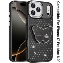 For iPhone 17 Pro Max Case Butterfly Grip Stand Faux Crystals + Tempered Glass
