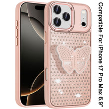 For iPhone 17 Pro Max Case Butterfly Grip Stand Faux Crystals + Tempered Glass