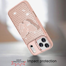 For iPhone 17 Pro Max Case Butterfly Grip Stand Faux Crystals + Tempered Glass