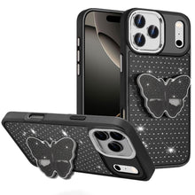 For iPhone 17 PRO Case Butterfly Grip Stand with Faux Crystals + Tempered Glass