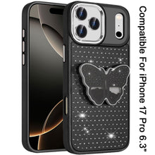 For iPhone 17 PRO Case Butterfly Grip Stand with Faux Crystals + Tempered Glass