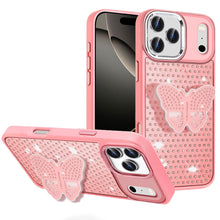 For iPhone 17 PRO Case Butterfly Grip Stand with Faux Crystals + Tempered Glass
