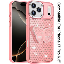 For iPhone 17 PRO Case Butterfly Grip Stand with Faux Crystals + Tempered Glass