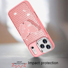 For iPhone 17 PRO Case Butterfly Grip Stand with Faux Crystals + Tempered Glass