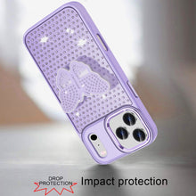 For iPhone 17 PRO Case Butterfly Grip Stand with Faux Crystals + Tempered Glass