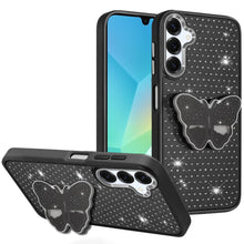 For Samsung A16 5G Case Butterfly Grip Stand with Faux Crystals + Tempered Glass