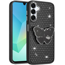 For Samsung A16 5G Case Butterfly Grip Stand with Faux Crystals + Tempered Glass