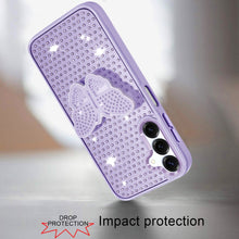 For Samsung A16 5G Case Butterfly Grip Stand with Faux Crystals + Tempered Glass