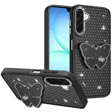 For Samsung A17 5G Case Butterfly Grip Stand with Faux Crystals + Tempered Glass
