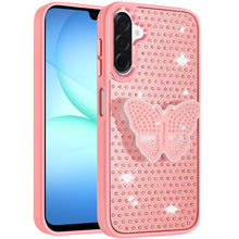 For Samsung A17 5G Case Butterfly Grip Stand with Faux Crystals + Tempered Glass