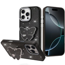 For iPhone 16 PRO MAX Case Butterfly Grip Stand Faux Crystals + Tempered Glass