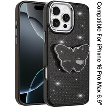 For iPhone 16 PRO MAX Case Butterfly Grip Stand Faux Crystals + Tempered Glass
