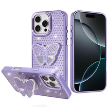 For iPhone 16 PRO MAX Case Butterfly Grip Stand Faux Crystals + Tempered Glass