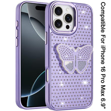 For iPhone 16 PRO MAX Case Butterfly Grip Stand Faux Crystals + Tempered Glass
