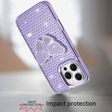 For iPhone 16 PRO MAX Case Butterfly Grip Stand Faux Crystals + Tempered Glass