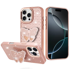 For iPhone 16 PRO MAX Case Butterfly Grip Stand Faux Crystals + Tempered Glass
