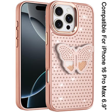 For iPhone 16 PRO MAX Case Butterfly Grip Stand Faux Crystals + Tempered Glass