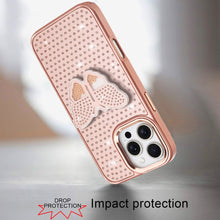 For iPhone 16 PRO MAX Case Butterfly Grip Stand Faux Crystals + Tempered Glass
