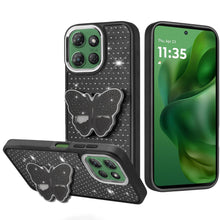 For Moto G Power 2025 Case Butterfly Grip Stand Faux Crystals + Tempered Glass