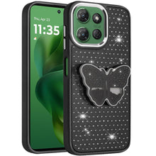 For Moto G Power 2025 Case Butterfly Grip Stand Faux Crystals + Tempered Glass
