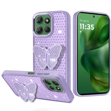 For Moto G Power 2025 Case Butterfly Grip Stand Faux Crystals + Tempered Glass