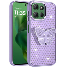 For Moto G Power 2025 Case Butterfly Grip Stand Faux Crystals + Tempered Glass