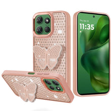 For Moto G Power 2025 Case Butterfly Grip Stand Faux Crystals + Tempered Glass