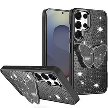 For Samsung S25 Ultra Case Butterfly Grip Stand Faux Crystals + Tempered Glass