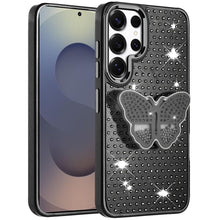 For Samsung S25 Ultra Case Butterfly Grip Stand Faux Crystals + Tempered Glass