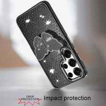 For Samsung S25 Ultra Case Butterfly Grip Stand Faux Crystals + Tempered Glass