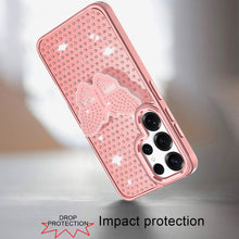 For Samsung S25 Ultra Case Butterfly Grip Stand Faux Crystals + Tempered Glass