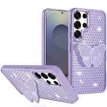 For Samsung S25 Ultra Case Butterfly Grip Stand Faux Crystals + Tempered Glass