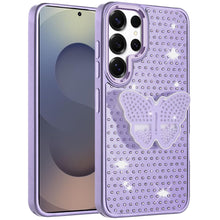 For Samsung S25 Ultra Case Butterfly Grip Stand Faux Crystals + Tempered Glass