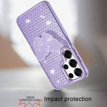 For Samsung S25 Ultra Case Butterfly Grip Stand Faux Crystals + Tempered Glass