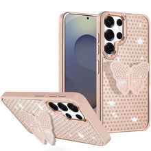 For Samsung S25 Ultra Case Butterfly Grip Stand Faux Crystals + Tempered Glass