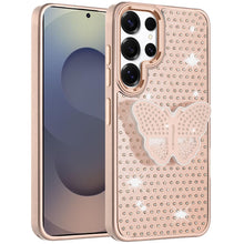 For Samsung S25 Ultra Case Butterfly Grip Stand Faux Crystals + Tempered Glass