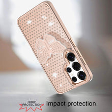 For Samsung S25 Ultra Case Butterfly Grip Stand Faux Crystals + Tempered Glass
