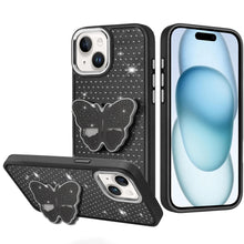 For iPhone 15 Case Butterfly Grip Stand with Faux Crystals + 2 Tempered Glass
