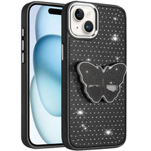 For iPhone 15 Case Butterfly Grip Stand with Faux Crystals + 2 Tempered Glass
