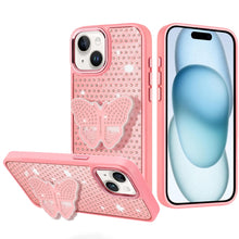 For iPhone 15 Case Butterfly Grip Stand with Faux Crystals + 2 Tempered Glass