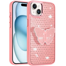 For iPhone 15 Case Butterfly Grip Stand with Faux Crystals + 2 Tempered Glass