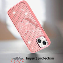 For iPhone 15 Case Butterfly Grip Stand with Faux Crystals + 2 Tempered Glass
