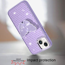 For iPhone 15 Case Butterfly Grip Stand with Faux Crystals + 2 Tempered Glass