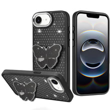 For iPhone 16e Case Butterfly Grip Stand w/ Faux Mini Crystals + Tempered Glass