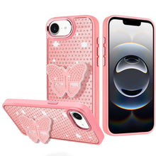 For iPhone 16e Case Butterfly Grip Stand w/ Faux Mini Crystals + Tempered Glass