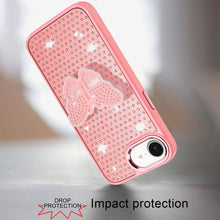 For iPhone 16e Case Butterfly Grip Stand w/ Faux Mini Crystals + Tempered Glass