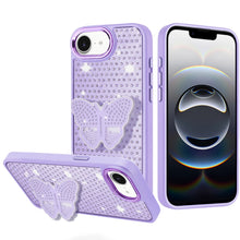 For iPhone 16e Case Butterfly Grip Stand w/ Faux Mini Crystals + Tempered Glass